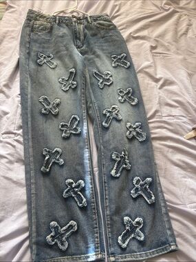 Women's Light Blue Embroidered Cross Jeans